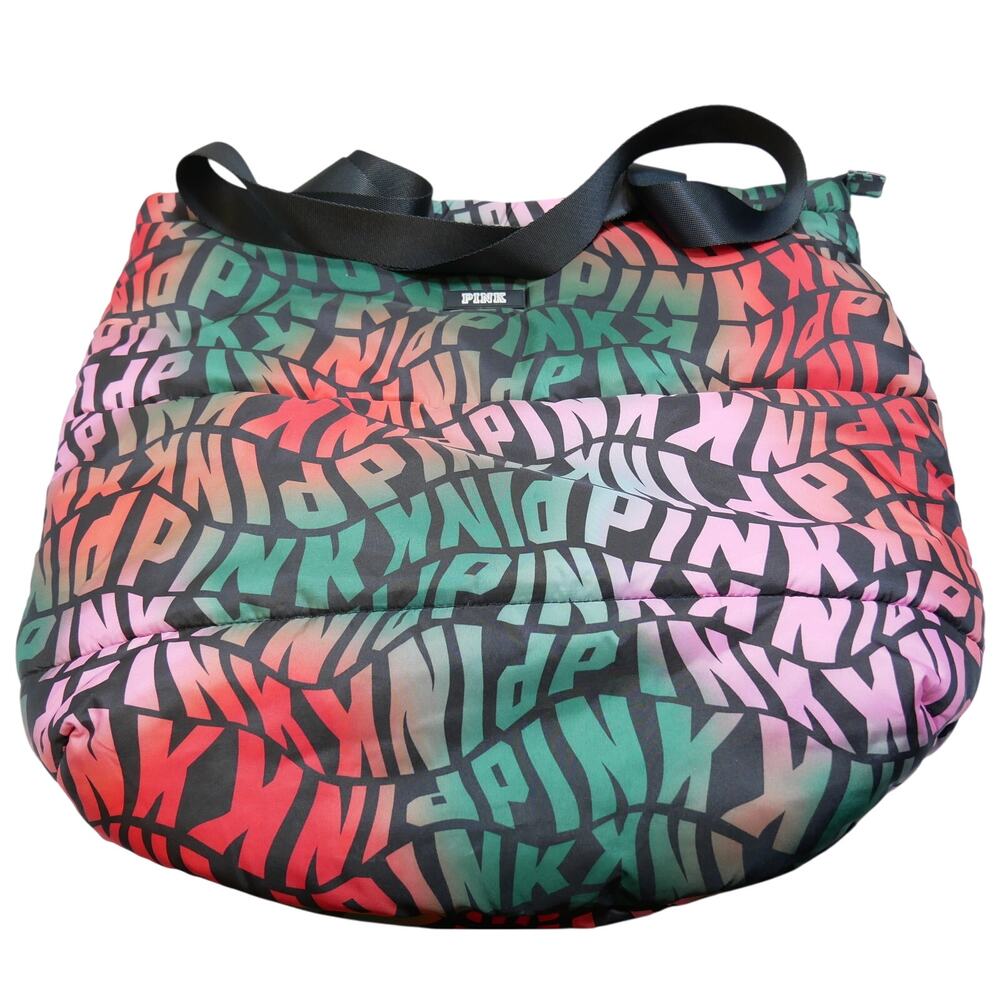 Victoria's Secret Pink Quilted Puffy Tote Shoulder Bag Black Teal Red Green